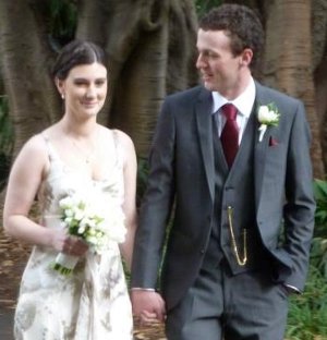 Picture of Miranda and Pady in their wedding outfits.